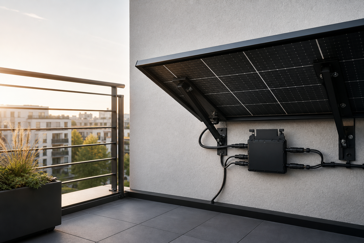 Microinverter installed below a balcony solar panel